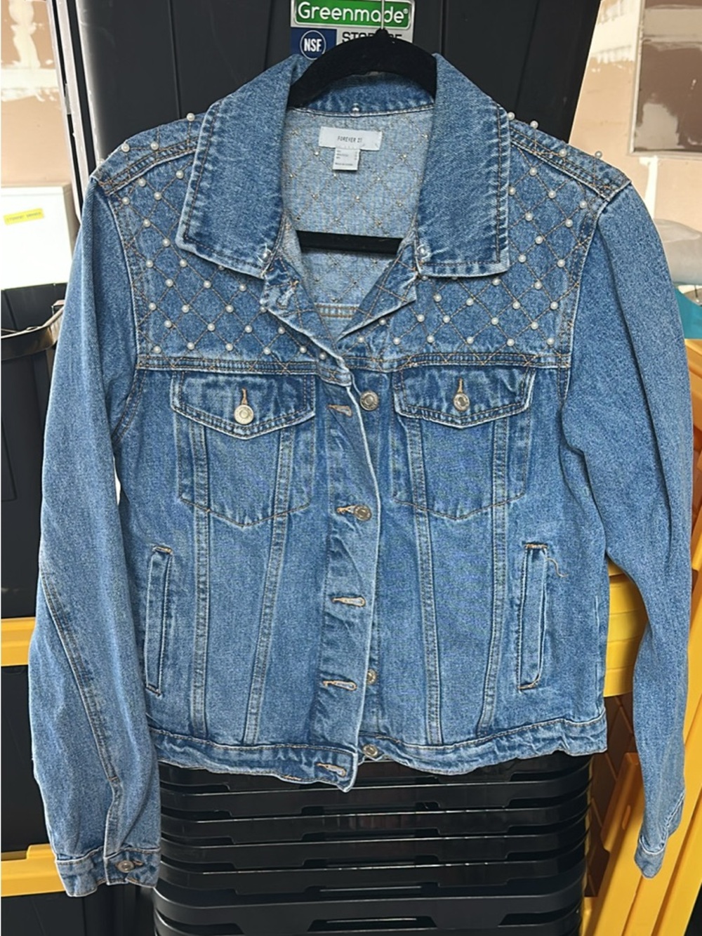 Forever 21 Light Blue Denim Jacket with Pearl Studs